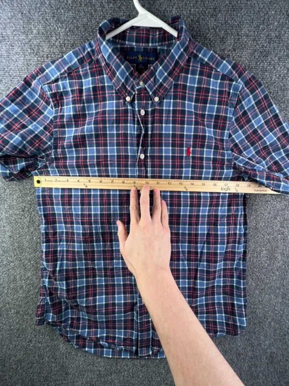 Ralph Lauren Boys Button Up Shirt Short Sleeve Blue Red Plaid XL 18-20 Cotton